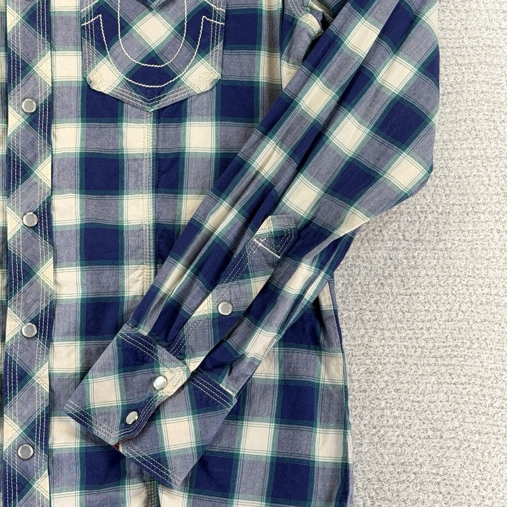 True Religion Western Pearl Snap Shirt Mens Large Blue White Plaid Long Sleeve - Picture 4 of 15
